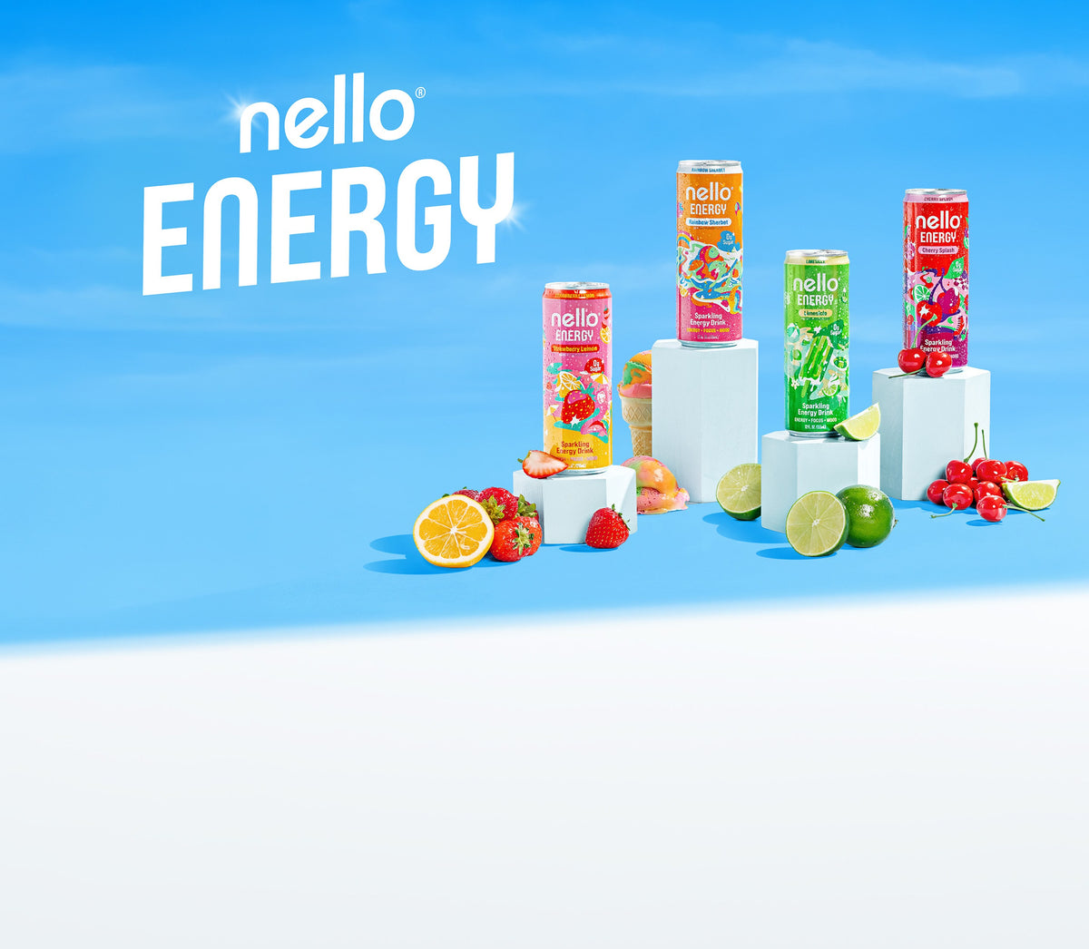 Nello Energy cans in Strawberry Lemon, Rainbow Sherbet, Limesicle and Cherry Splash on white risers with fresh fruit