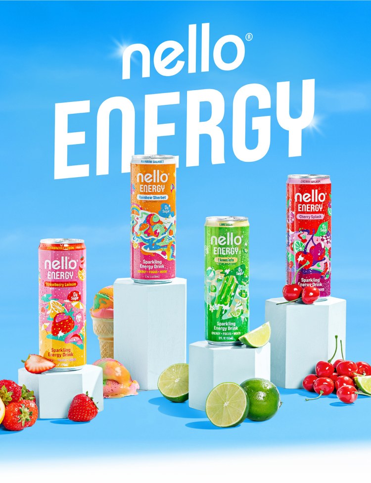 Nello Energy cans in Strawberry Lemon, Rainbow Sherbet, Limesicle and Cherry Splash on white risers with fresh fruit