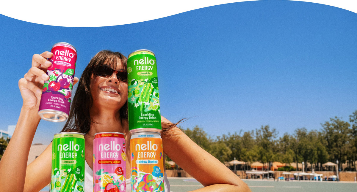 A woman poolside holding up a can of Nello Energy
