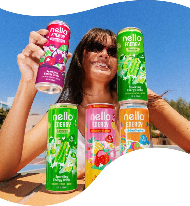 A woman poolside holding up a can of Nello Energy