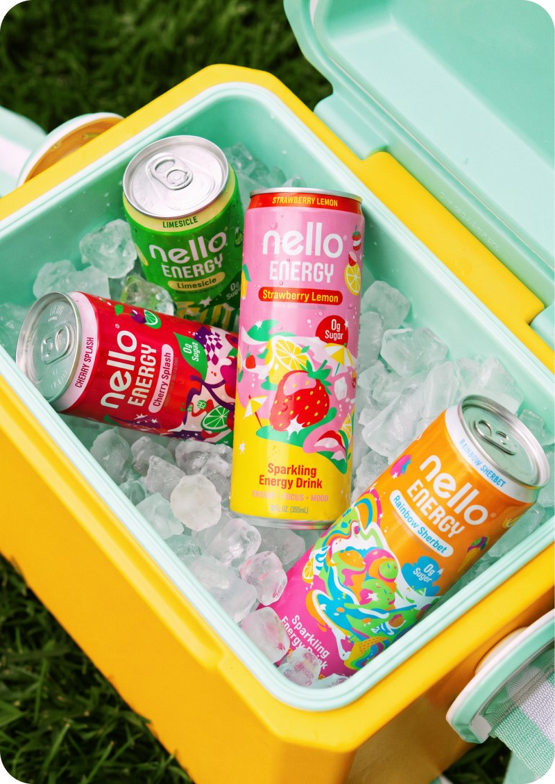 Cans of Nello Energy on ice in a cooler
