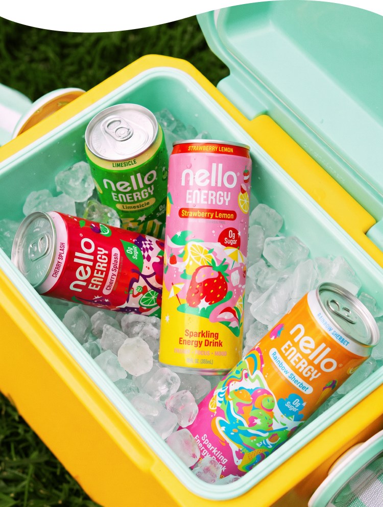 Cans of Nello Energy on ice in a cooler