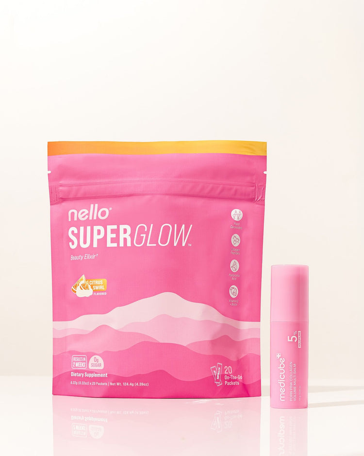 Nello Superglow bag beside the medicube PDRN Multi Balm