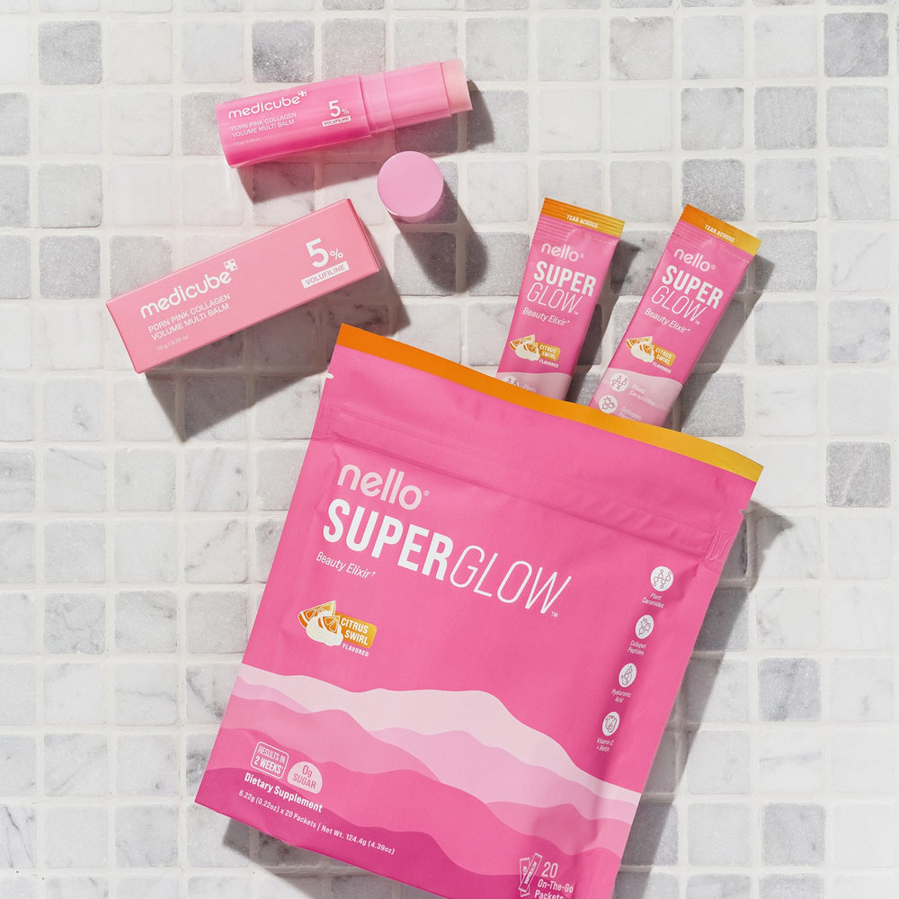 Nello Superglow with the medicube PDRN Multi Balm on white tile