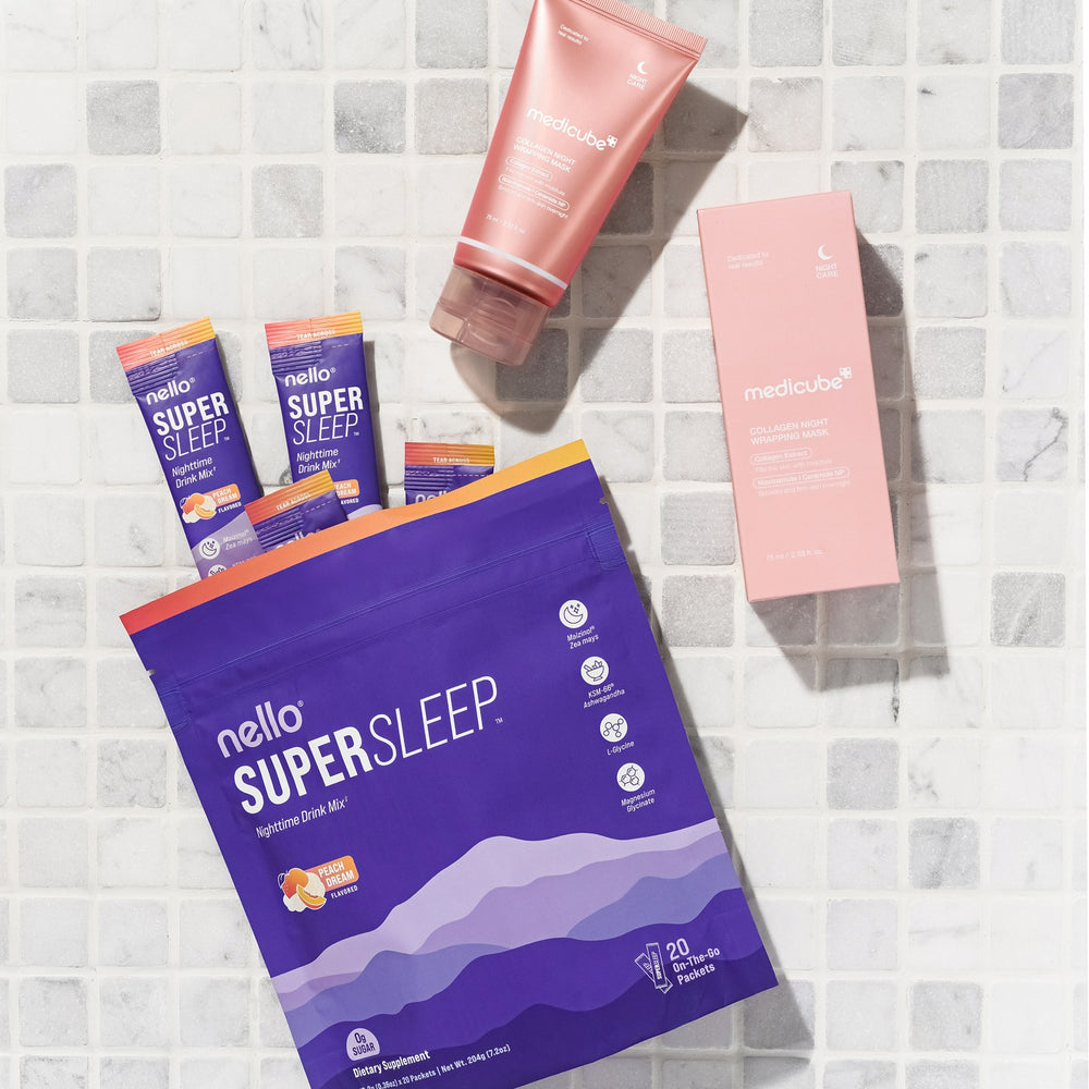 Nello Supercalm with medicube PDRN Pink Collagen Jelly Eye Masks on white tile