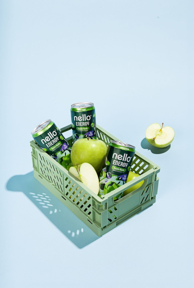 Nello Energy Apple Rush cans in apple basket