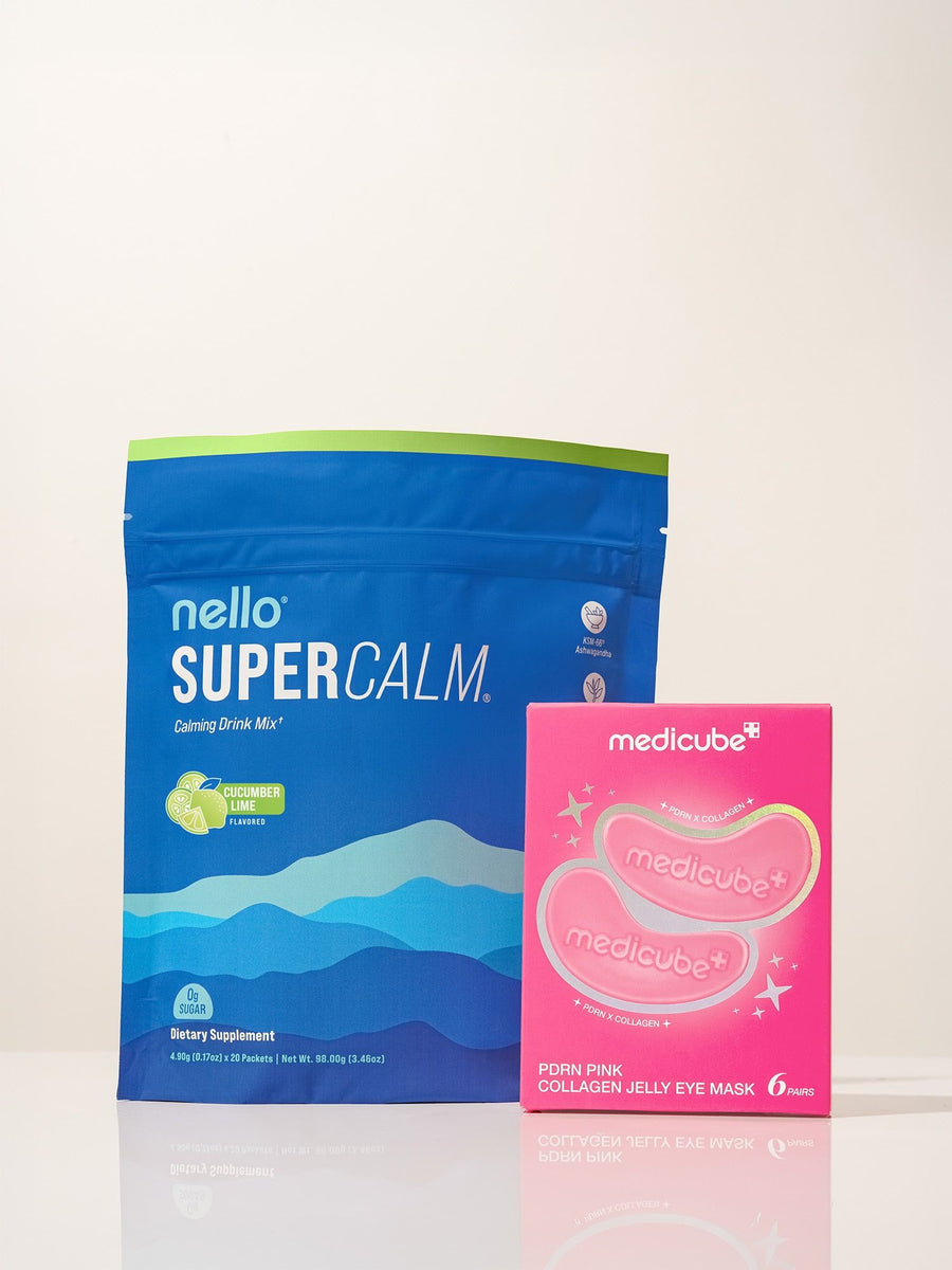Nello Supercalm bag beside the medicube PDRN Pink Collagen Jelly Eye Mask