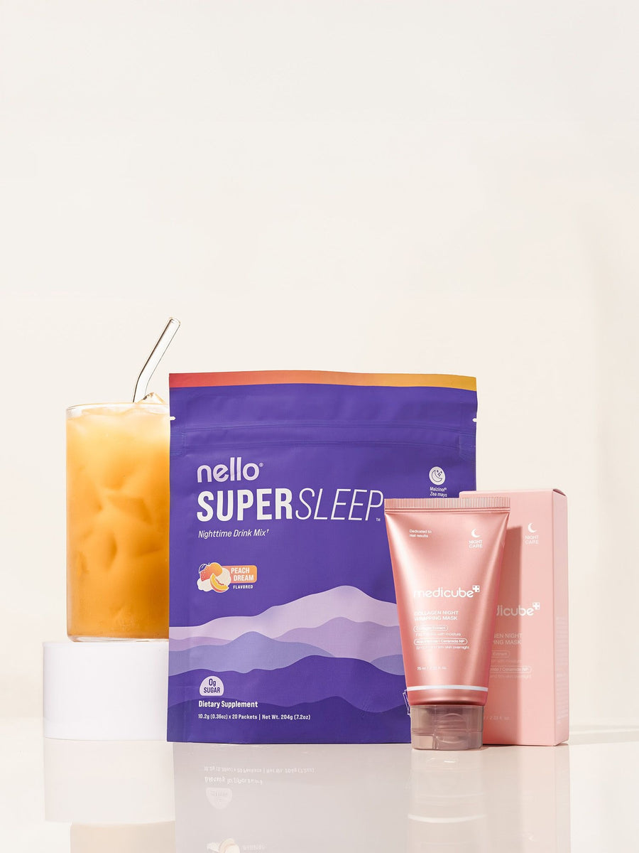 Nello Supersleep Peach Dream, the medicube Collagen Night Wrapping Mask and a glass of Supersleep