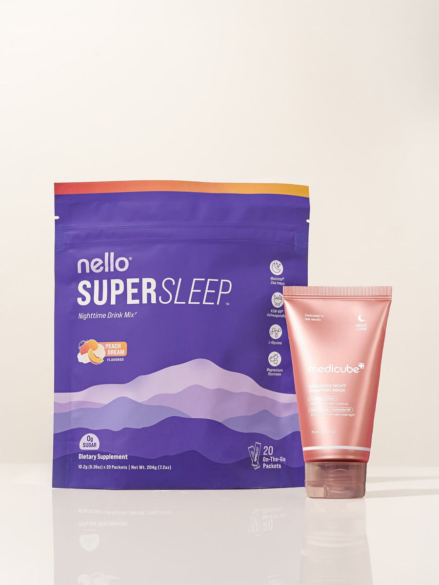 Nello Supersleep bag beside the medicube Collagen Night Wrapping Mask