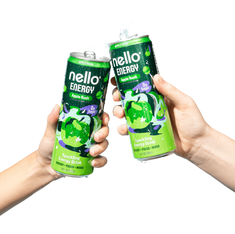 Two hands toasting cans of Nello Energy Apple Rush against a blue sky